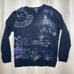 VTG Ralph Lauren LRL Jeans Co Crew Neck Sweater Paris Print Pullover AOP Large